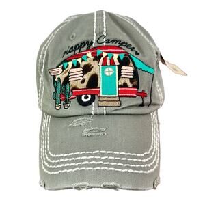 Kbethos Vintage NWT 100% Cotton Gray Happy Camper Cheetah Print Embroidered Cap